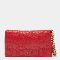 Pre Owned CH Carolina Herrera Red Quilted Leather Flap Wristlet Clutch