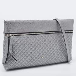 Pre Owned CH Carolina Herrera Metallic Grey Quilted Leather Front Zip Crossbody Bag