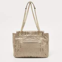 Pre Owned CH Carolina Herrera Pale Gold Monogram Embossed Leather Audrey Shoulder Bag