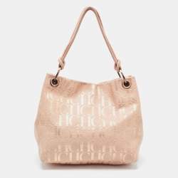 Pre Owned CH Carolina Herrera Rose Gold Monogram Embossed Leather Shoulder Bag