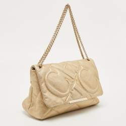 Carolina Herrera Gold Embossed Leather Metal Flap Shoulder Bag