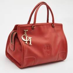 Pre Owned Carolina Herrera Red Leather Logo Charm Tote