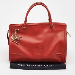 Pre Owned Carolina Herrera Red Leather Logo Charm Tote