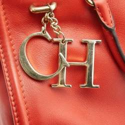 Pre Owned Carolina Herrera Red Leather Logo Charm Tote