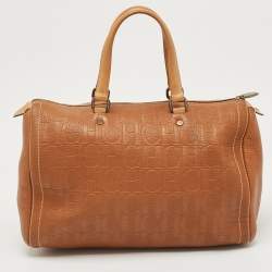 Pre Owned CH Carolina Herrera Brown Monogram Leather Large Andy Boston Bag