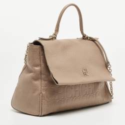 Pre Owned CH Carolina Herrera Beige Leather Minuetto Flap Top Handle Bag