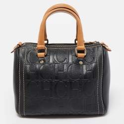 CH Carolina Herrera Black/Tan Monogram Embossed Leather Mini Andy Boston Bag