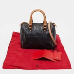 CH Carolina Herrera Black/Tan Monogram Embossed Leather Mini Andy Boston Bag