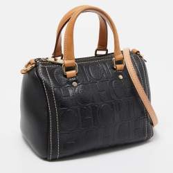 CH Carolina Herrera Black/Tan Monogram Embossed Leather Mini Andy Boston Bag