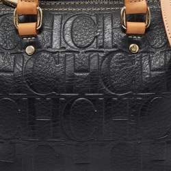 CH Carolina Herrera Black/Tan Monogram Embossed Leather Mini Andy Boston Bag
