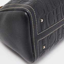 CH Carolina Herrera Black/Tan Monogram Embossed Leather Mini Andy Boston Bag