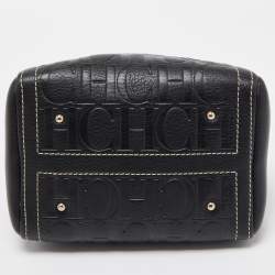 CH Carolina Herrera Black/Tan Monogram Embossed Leather Mini Andy Boston Bag