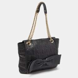 مملوكة مسبقًا CH Carolina Herrera Black Monogram Embossed Leather Audrey Bow Flap Shoulder Bag