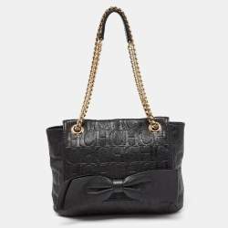 Pre Owned CH Carolina Herrera Black Monogram Embossed Leather Audrey Bow Flap Shoulder Bag