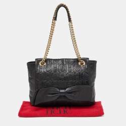 مملوكة مسبقًا CH Carolina Herrera Black Monogram Embossed Leather Audrey Bow Flap Shoulder Bag