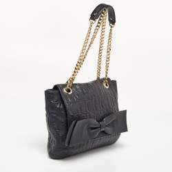 Pre Owned حقيبة كتف كارولينا هيريرا أودري جلد منقوش مونوغرامي أسود بقلاب مزينة فيونكة