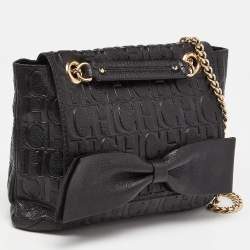 مملوكة مسبقًا CH Carolina Herrera Black Monogram Embossed Leather Audrey Bow Flap Shoulder Bag