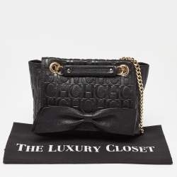 مملوكة مسبقًا CH Carolina Herrera Black Monogram Embossed Leather Audrey Bow Flap Shoulder Bag