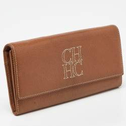 Pre Owned CH Carolina Herrera Brown Leather Monogram Continental Wallet