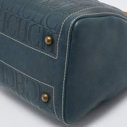 Pre Owned CH Carolina Herrera Dark Blue Monogram Embossed Leather Andy Boston Bag