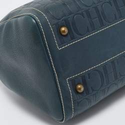 Pre Owned CH Carolina Herrera Dark Blue Monogram Embossed Leather Andy Boston Bag