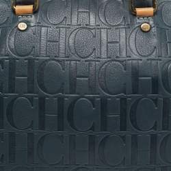 Pre Owned CH Carolina Herrera Dark Blue Monogram Embossed Leather Andy Boston Bag