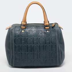Pre Owned CH Carolina Herrera Dark Blue Monogram Embossed Leather Andy Boston Bag