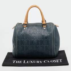 Pre Owned CH Carolina Herrera Dark Blue Monogram Embossed Leather Andy Boston Bag