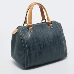 Pre Owned CH Carolina Herrera Dark Blue Monogram Embossed Leather Andy Boston Bag