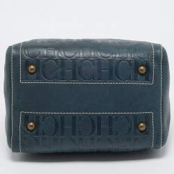 Pre Owned CH Carolina Herrera Dark Blue Monogram Embossed Leather Andy Boston Bag