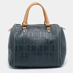Pre Owned CH Carolina Herrera Dark Blue Monogram Embossed Leather Andy Boston Bag