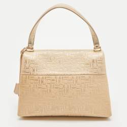 Pre Owned CH Carolina Herrera Light Beige/Gold Embossed Leather Top Handle Bag
