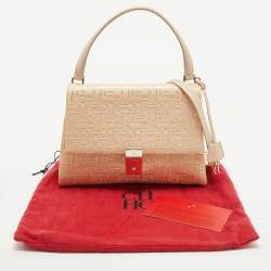 Pre Owned CH Carolina Herrera Light Beige/Gold Embossed Leather Top Handle Bag