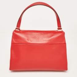 Pre Owned CH Carolina Herrera Red Leather Metal Bar Flap Top Handle Bag