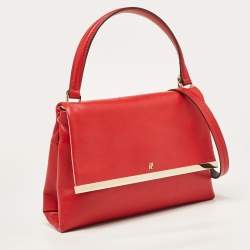 Pre Owned CH Carolina Herrera Red Leather Metal Bar Flap Top Handle Bag