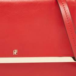 Pre Owned CH Carolina Herrera Red Leather Metal Bar Flap Top Handle Bag