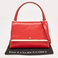 Pre Owned CH Carolina Herrera Red Leather Metal Bar Flap Top Handle Bag
