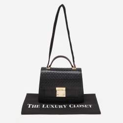Pre Owned CH Carolina Herrera Black Embossed Logo Leather Flap Top Handle Bag