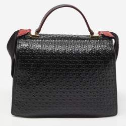 Pre Owned CH Carolina Herrera Black Embossed Logo Leather Flap Top Handle Bag