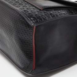 Pre Owned CH Carolina Herrera Black Embossed Logo Leather Flap Top Handle Bag