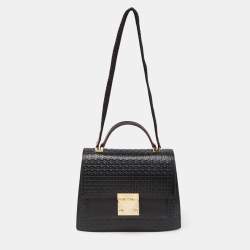 Pre Owned CH Carolina Herrera Black Embossed Logo Leather Flap Top Handle Bag