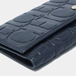 Pre Owned CH Carolina Herrera Navy Blue Monogram Leather Flap Trifold Continental Wallet