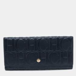 Pre Owned CH Carolina Herrera Navy Blue Monogram Leather Flap Trifold Continental Wallet