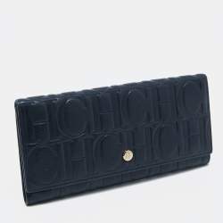 Pre Owned CH Carolina Herrera Navy Blue Monogram Leather Flap Trifold Continental Wallet