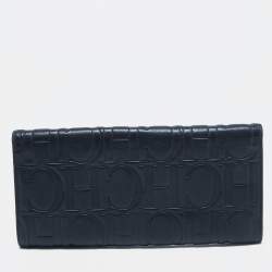 Pre Owned CH Carolina Herrera Navy Blue Monogram Leather Flap Trifold Continental Wallet