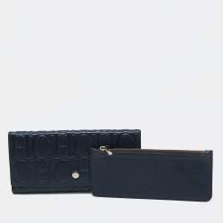 Pre Owned CH Carolina Herrera Navy Blue Monogram Leather Flap Trifold Continental Wallet