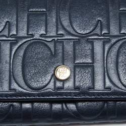 Pre Owned CH Carolina Herrera Navy Blue Monogram Leather Flap Trifold Continental Wallet