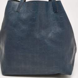 Pre Owned CH Carolina Herrera Blue Monogram Embossed Leather Matryoshka Tote
