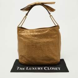 Pre Owned CH Carolina Herrera Gold Embossed Monogram Leather Chain Bow Hobo