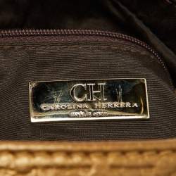 Pre Owned CH Carolina Herrera Gold Embossed Monogram Leather Chain Bow Hobo